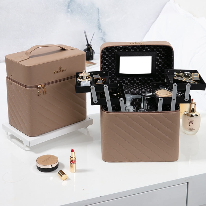 Cosmetic Storage Box Large Capacity Portable Expandable Multi-layer Makeup Box Dust-proof Korean Style Leather Bag