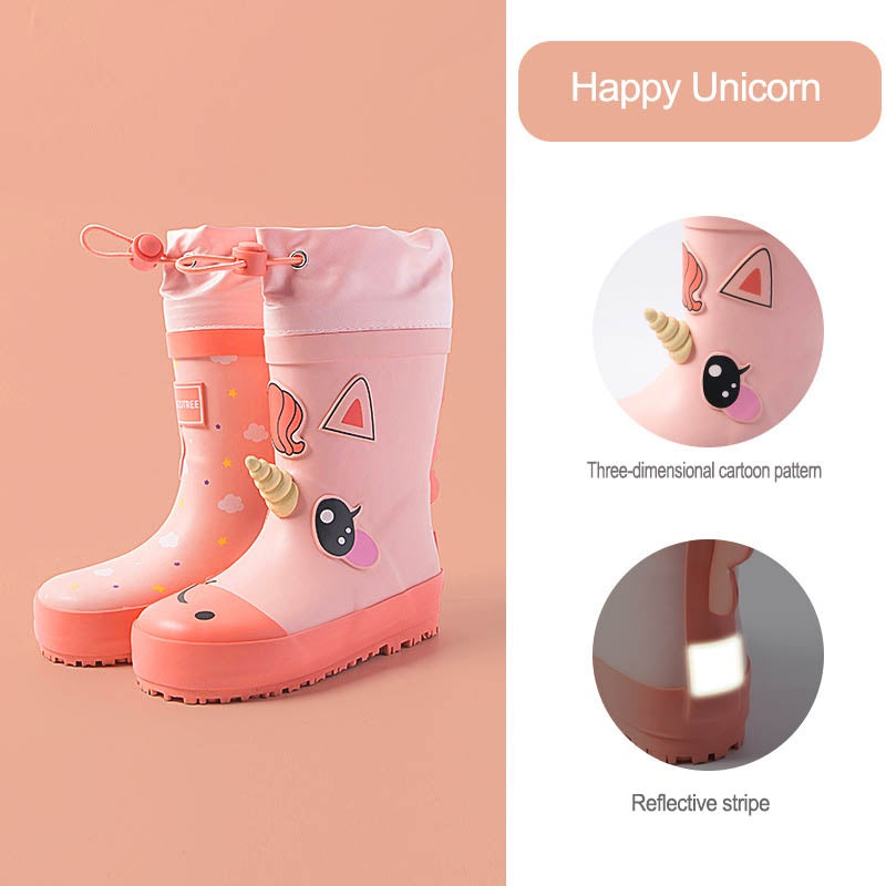 Children Rainboots For Boys Girls Primary School Kindergarten Rainwear Dinosaur Unicorn Reflective Strip Rain Boots Only