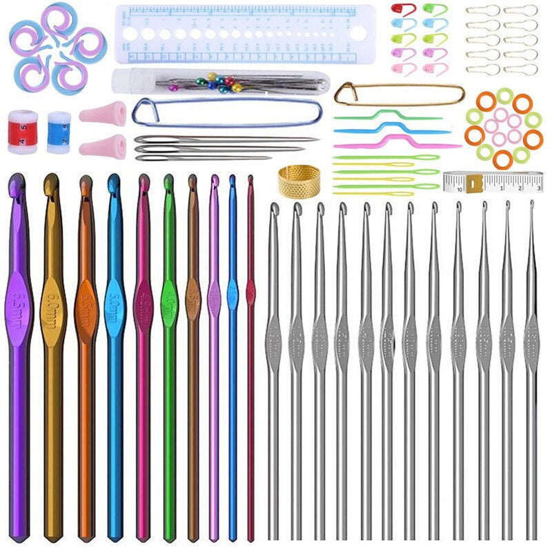 100pcs Aluminum Crochet Hooks Needles Set Weave Craft with Bag Hooks Knit Needles Gauge Scissors Stitch Holders DIY