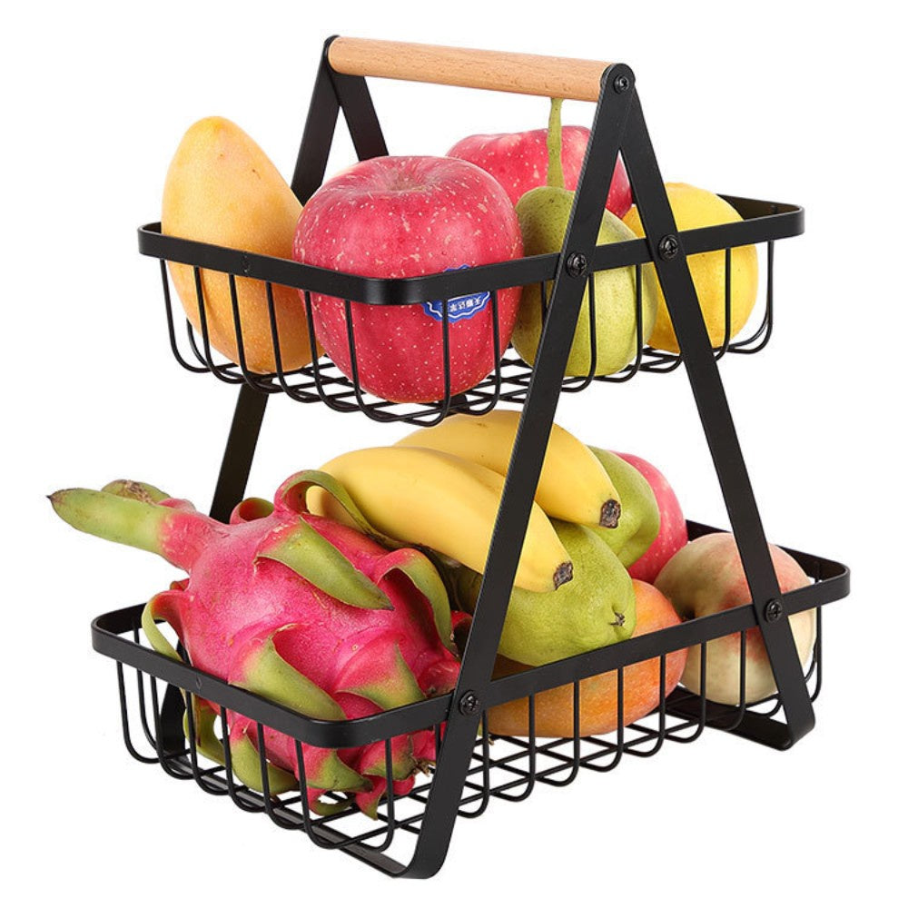 Kitchen Double Layer Portable Storage Basket Carbon Steel Removable Vegetable Fruit Storage Basket Rack Kitchen Supplies