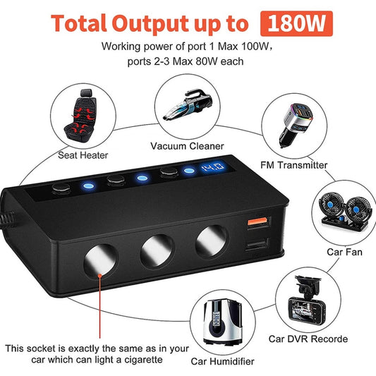 12V 180W Multi-function Car Charger Car Cigarette Lighter Socket Dual USB Port Auto-Voltage Detect 3.0 Fast Charging