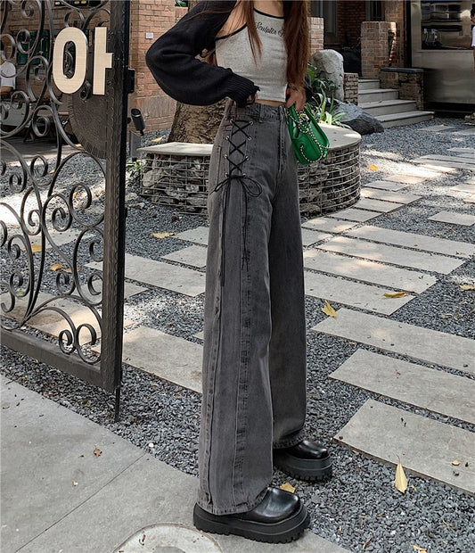 2022 New Smoke Grey Tube Pants Jeans Women Loose Wide Leg Vibe Style Pants Versatile Trend Thin Women Denim Leg Trouser