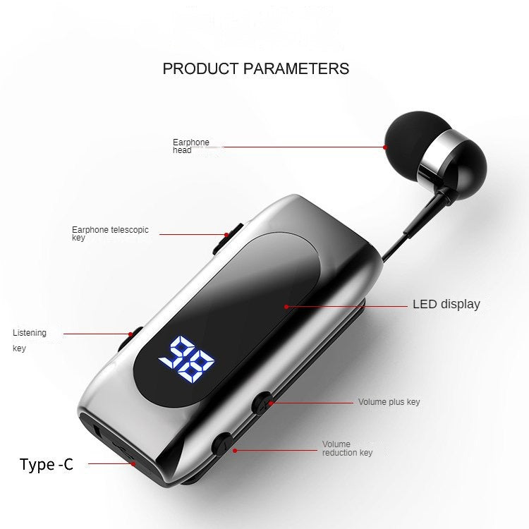 K55 Bluetooth-compatible Headset Lavalier Retractable Cable V5.2 Smart In-ear Single Sports Earphone With Led Digital