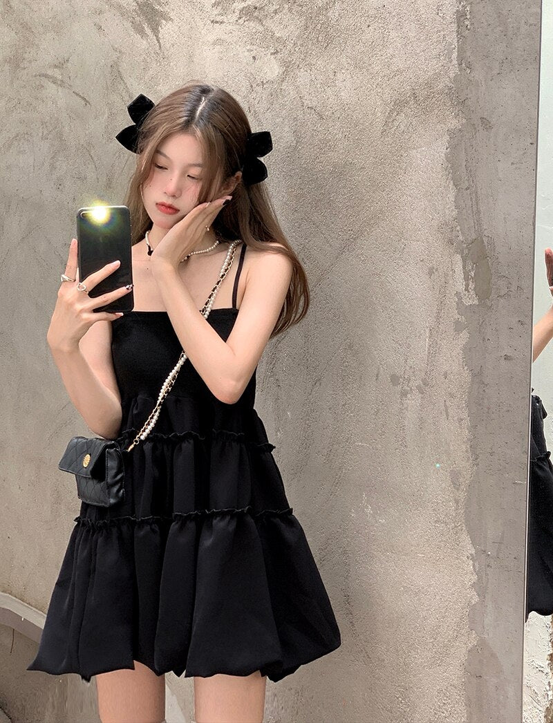 Sweet Spice Girl Little Black Dress Suspender Female Spaghetti Strap Short Skirt Korean Summer Casual Stylish Streetwear