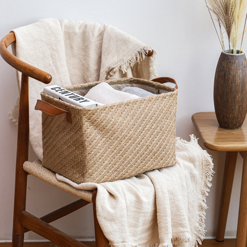 Natural Storage Basket Storage Box Cabinet Clothing Storage Basket Khaki Beige Handle Carrying Durable Organizing Basket