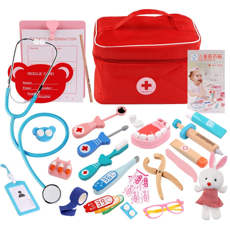 Doctor Toys for Children Girl Boy Kids Pretend Play Wood Red Medical Kit Dentist Medicine Box Sets Cloth Bag Role Pay