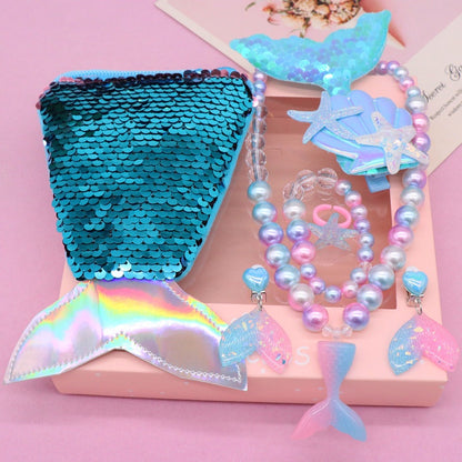 Cartoon Mermaid Jewelry Set with Gift Box Necklace Earrings Ring Bracelet Hairpin Children Cute Accessories for Kids
