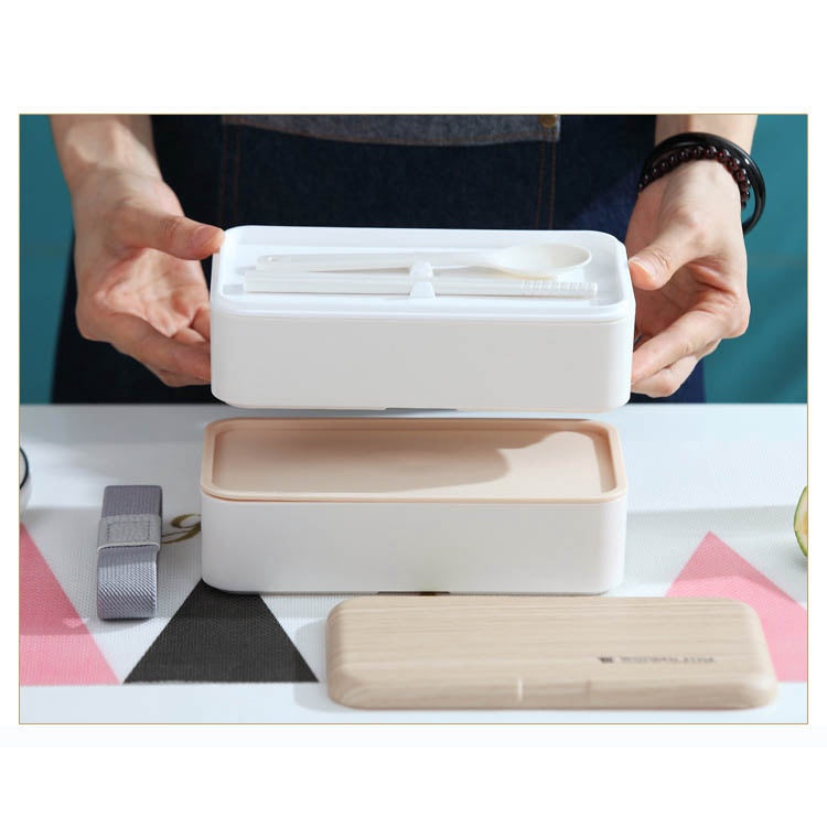 Copy of 1200ml White Rectangular Microwave Safe Double Layer Lunch Box Simple Nordic Wooden Seal Leak-proof Japanese Bento Style