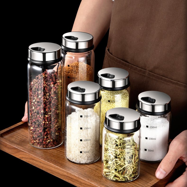 300mL Glass Seasoning Jar With Scale 4 Outlets Spice jars Kitchen Chili Pepper Powder Sprinkling Jar Barbecue Salt Shaker Container