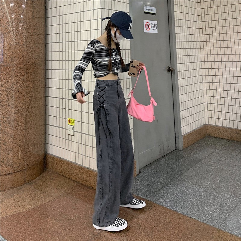 2022 New Smoke Grey Tube Pants Jeans Women Loose Wide Leg Vibe Style Pants Versatile Trend Thin Women Denim Leg Trouser