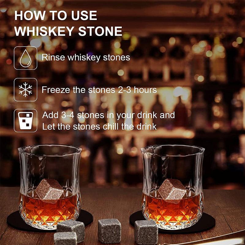 Whiskey Stones Gift Set Whiskey Glass Set Of 2 With 6 Granite Chilling Whiskey Rocks In Wooden Box Multi-Occasion Gift