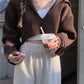 Coffee Color Women's Loose Fit V Neck Long Sleeve Knitted Sweater Cropped Top Pullover for Autumn Winter Clothing Outfit