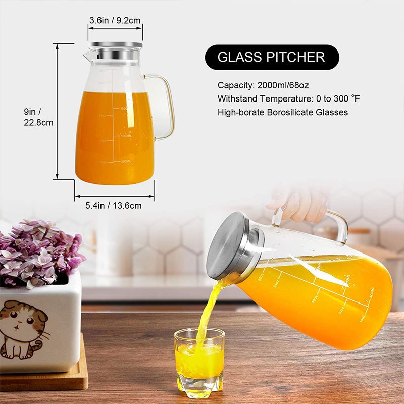 2L Large Capacity High Borosilicate Hydrochloric Acid Glass Jug Heat-resistant Glass Jug Juice Glass Jug Precision Scale With Stainless Steel Filter