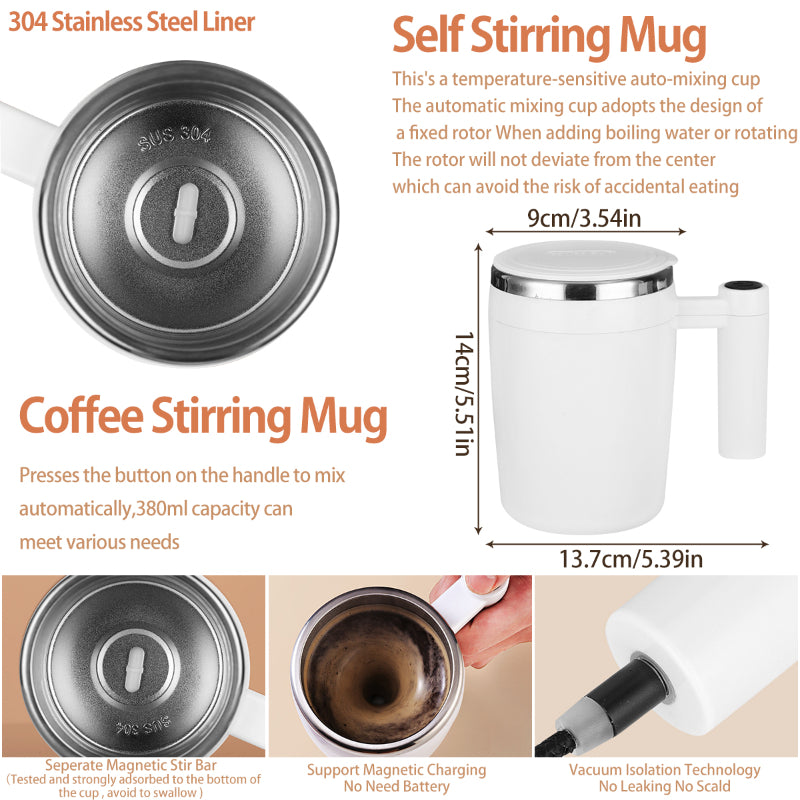 380ml Self Stirring Mug Rechargeable Auto Magnetic Coffee Mug with Stir Bar Stainless Steel Reliable Mixing Office Cup