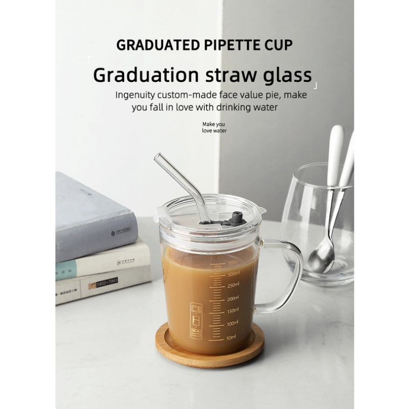 Graduated Glass Cup Coffee Mug With Straw Cover And Handle Tea Cup For Home Office Travel High Borosilicate Glass 350ml