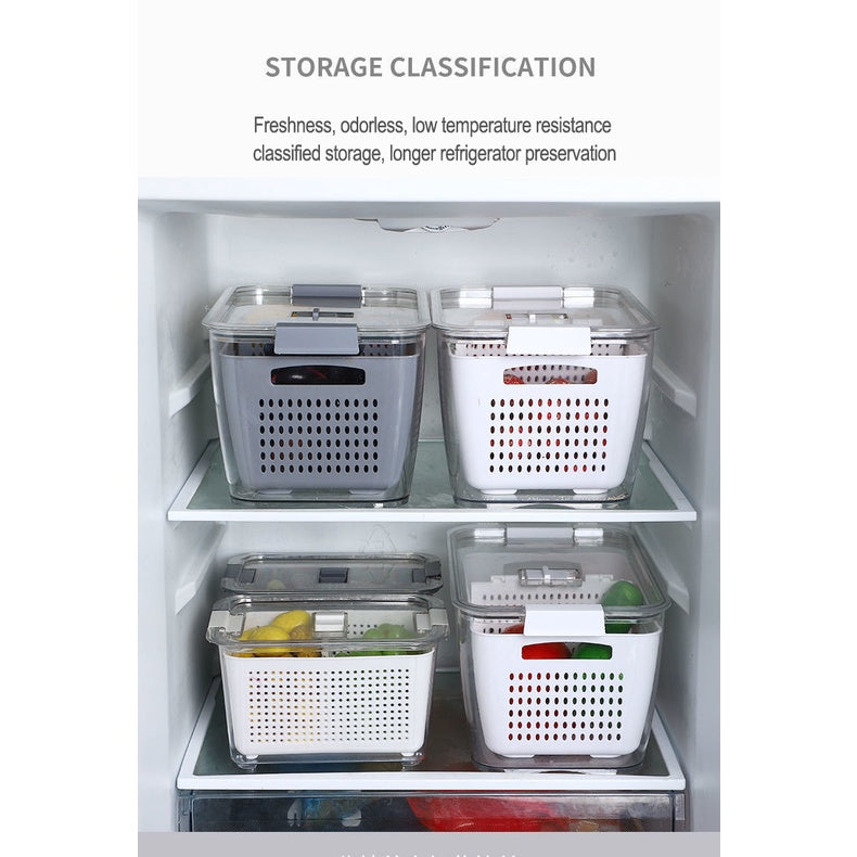 Fridge Storage Container with Drainer, Air tight locking Lid Fridge Refrigerator Organizer Food Keeper