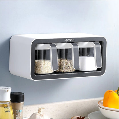 Wall Mount Spice Rack Organizer Sugar Bowl Salt Shaker Seasoning Container Spice Boxes With Spoons Kitchen 3 Cups