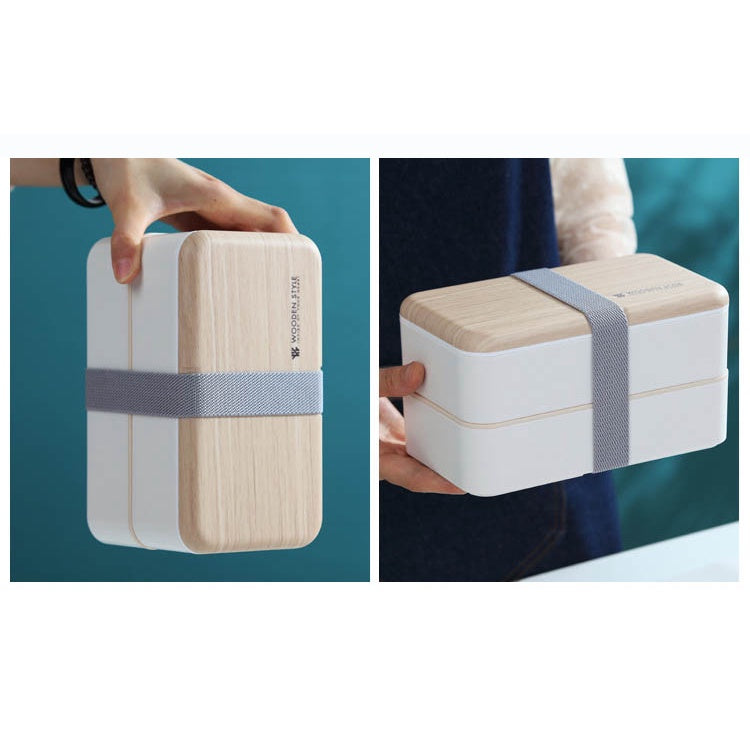 Copy of 1200ml White Rectangular Microwave Safe Double Layer Lunch Box Simple Nordic Wooden Seal Leak-proof Japanese Bento Style