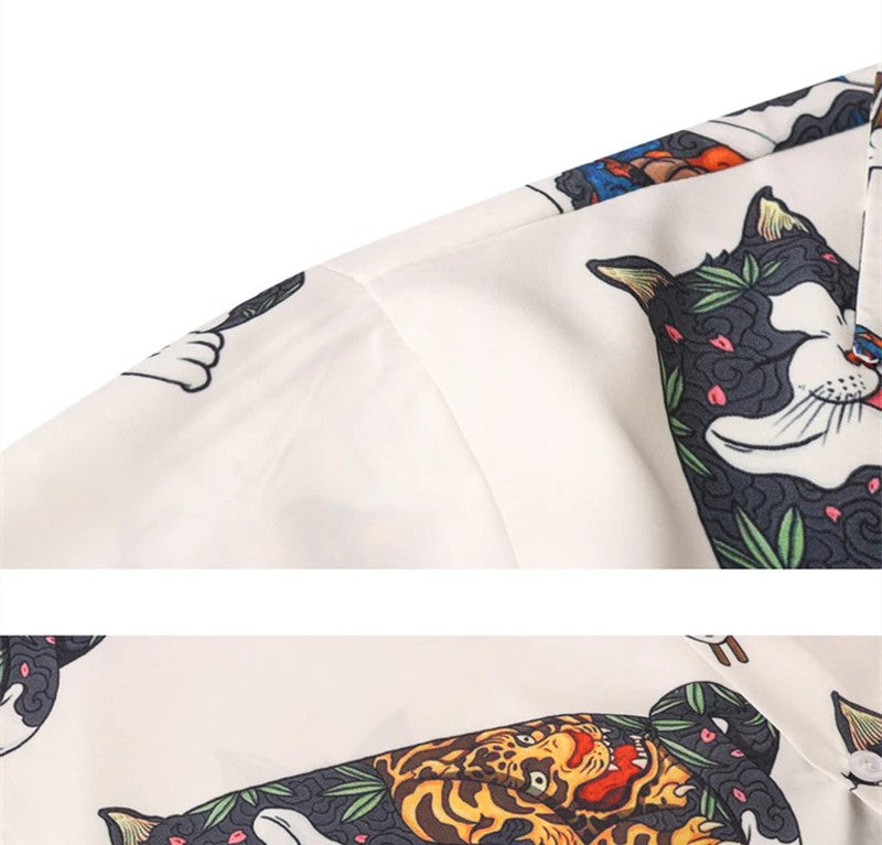 Harajuku Cat Polo Shirt Men Summer Men's Hawaiian Shirt Ramen Cat Full Print Beach Cardigan Loose Oversized Short Sleeve