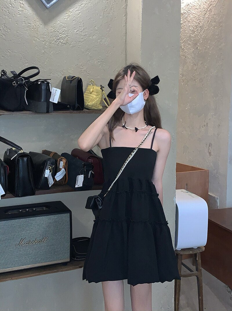 Sweet Spice Girl Little Black Dress Suspender Female Spaghetti Strap Short Skirt Korean Summer Casual Stylish Streetwear