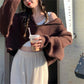 Coffee Color Women's Loose Fit V Neck Long Sleeve Knitted Sweater Cropped Top Pullover for Autumn Winter Clothing Outfit