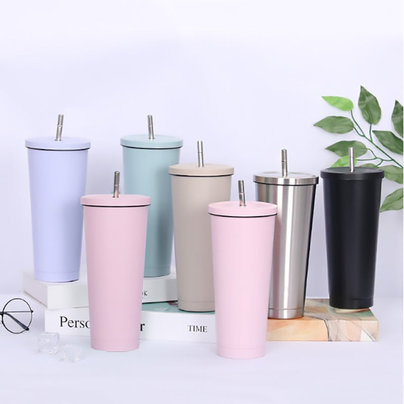 750ML Large Straw Cup Bottle with Lid 304 Stainless Steel Double Layer Vacuum Colorful Car Tumbler Portable Drinking Cup