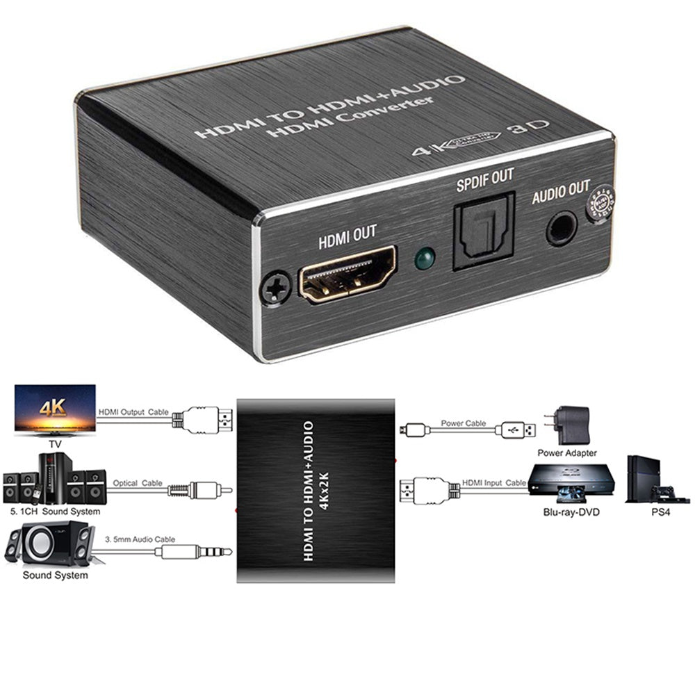 HDMI compatible audio extractor + toslink spdif stereo audio converter + 3.5mm 4k x 2k audio splitter, suitable for ps4 TV and DVD