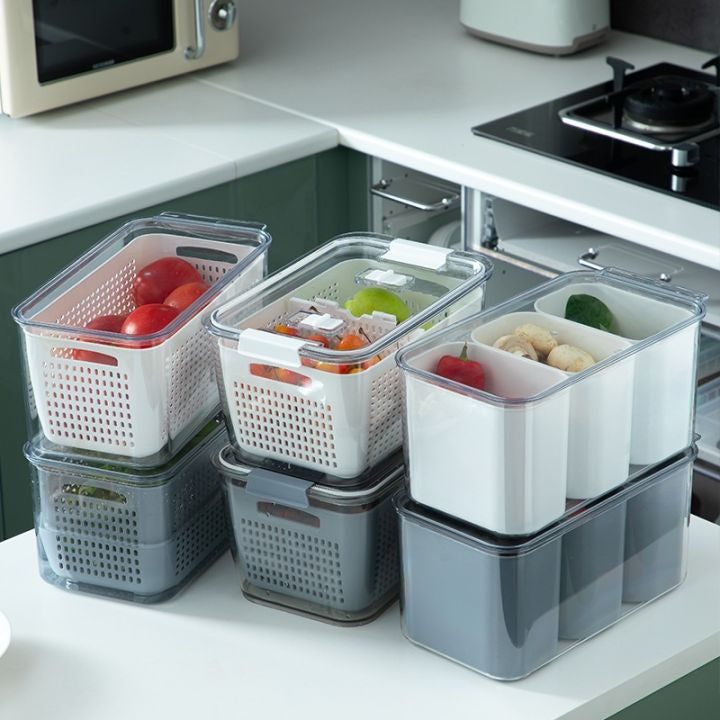 Fridge Storage Container with Drainer, Air tight locking Lid Fridge Refrigerator Organizer Food Keeper