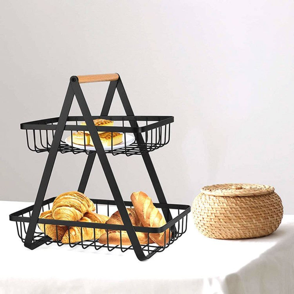 Kitchen Double Layer Portable Storage Basket Carbon Steel Removable Vegetable Fruit Storage Basket Rack Kitchen Supplies