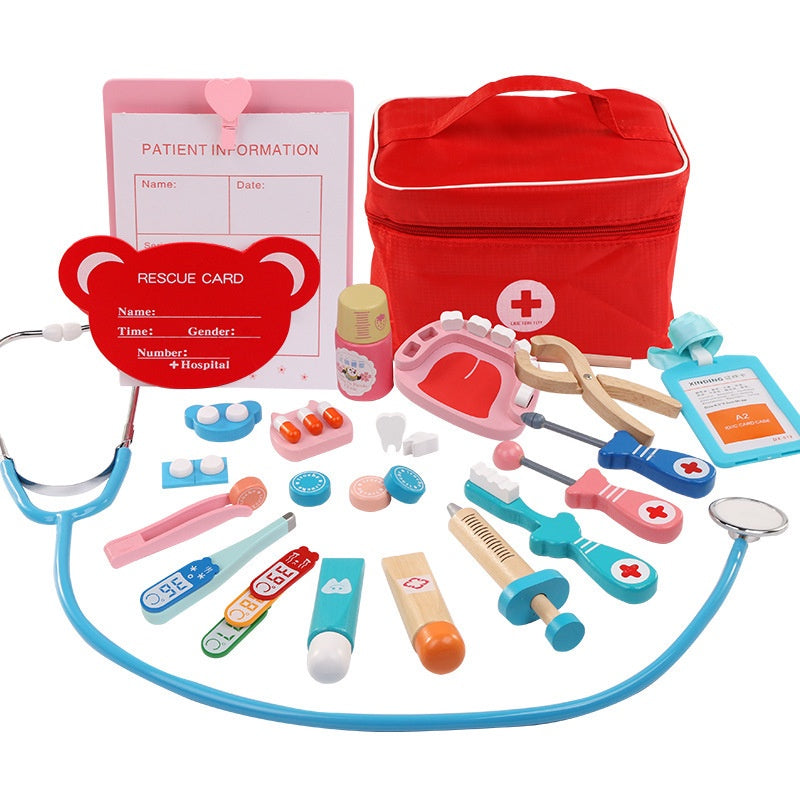 Doctor Toys for Children Girl Boy Kids Pretend Play Wood Red Medical Kit Dentist Medicine Box Sets Cloth Bag Role Pay