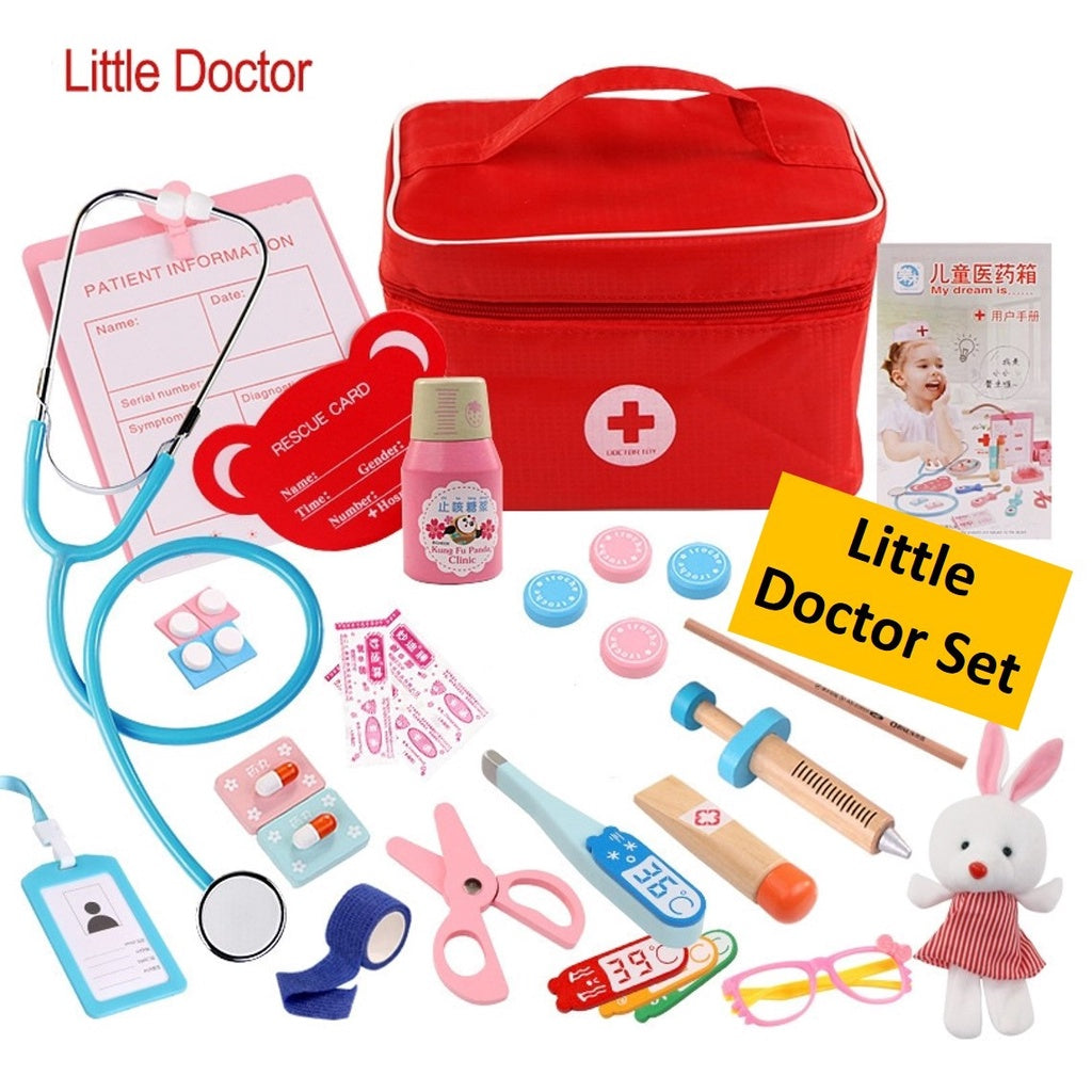 Doctor Toys for Children Girl Boy Kids Pretend Play Wood Red Medical Kit Dentist Medicine Box Sets Cloth Bag Role Pay