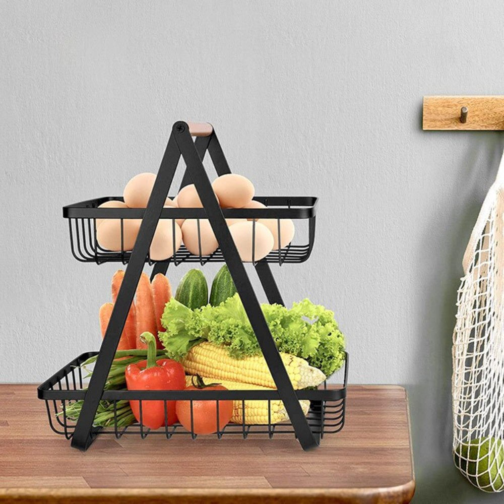 Kitchen Double Layer Portable Storage Basket Carbon Steel Removable Vegetable Fruit Storage Basket Rack Kitchen Supplies