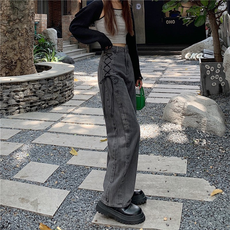 2022 New Smoke Grey Tube Pants Jeans Women Loose Wide Leg Vibe Style Pants Versatile Trend Thin Women Denim Leg Trouser