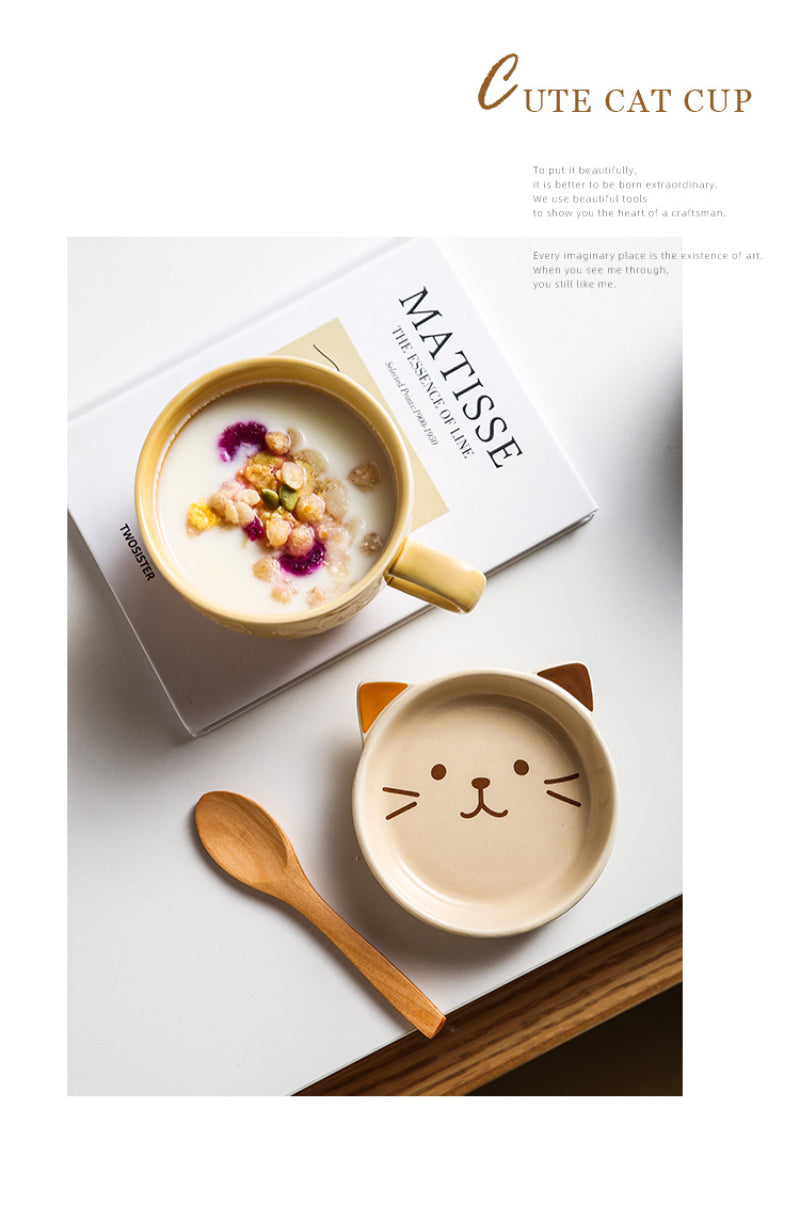 Japanese Ceramic Cartoon Cat Mug Cute Breakfast Cup Creative Coffee Cup with Lid Milk Cup Couple Water Cup Cute Design