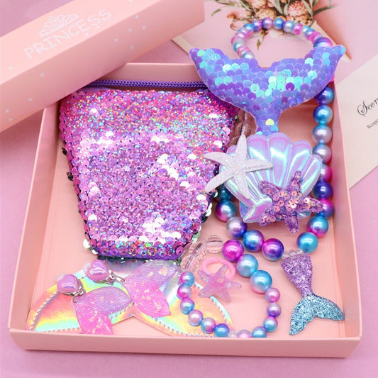 Cartoon Mermaid Jewelry Set with Gift Box Necklace Earrings Ring Bracelet Hairpin Children Cute Accessories for Kids