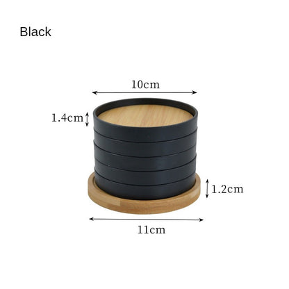 Bamboo Coaster Coasters placemat 5-Pack Set Wooden with Holder - Round Cup mat for Cold Drinks and Hot Beverage