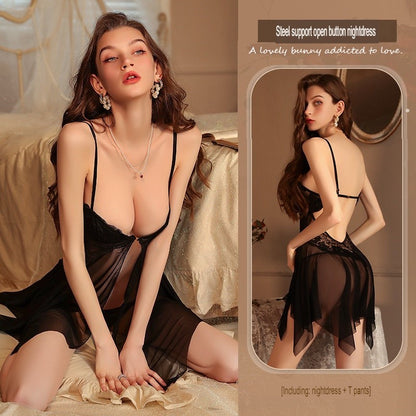 Sexy Lingerie Pajamas Steel Support Push Up Bra Big Lace Front Slits Nightdress Perfect for Special Nights