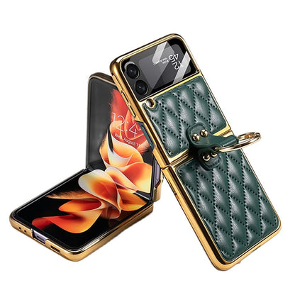 For Galaxy Z Flip 3 Case with Finger Ring Holder Ultra Thin Protective Back Cover Ring Plating Leather Screen Protector