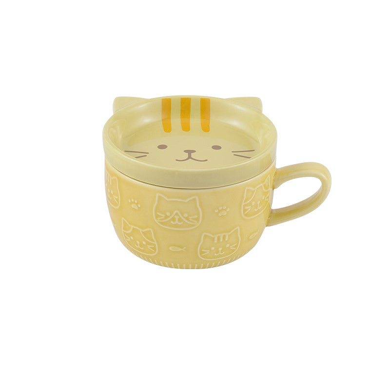 Japanese Ceramic Cartoon Cat Mug Cute Breakfast Cup Creative Coffee Cup with Lid Milk Cup Couple Water Cup Cute Design