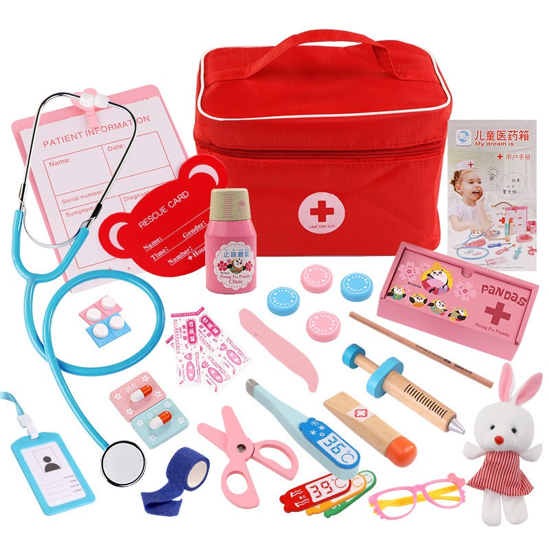 Doctor Toys for Children Girl Boy Kids Pretend Play Wood Red Medical Kit Dentist Medicine Box Sets Cloth Bag Role Pay