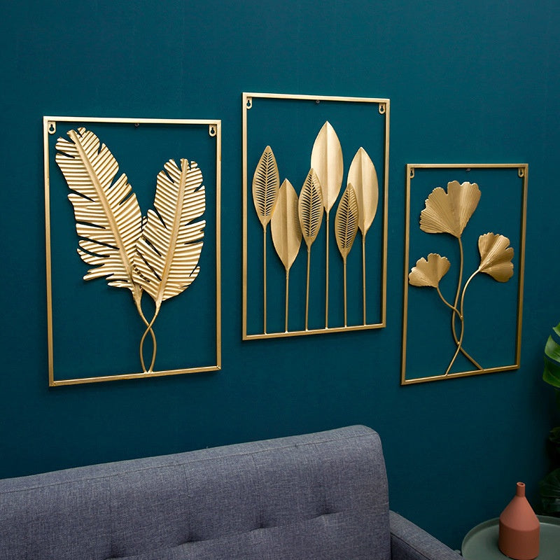 Home Decoration Metal Wall Golden Leaf Hanging Decor Gold Frame Art Wall Sculpture Living Room Bedroom Dining Office