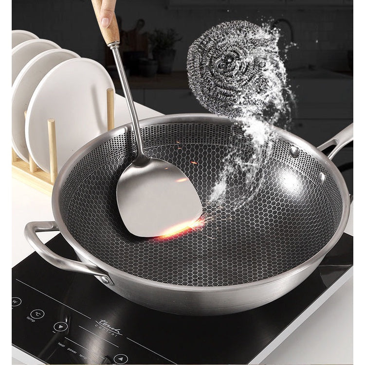 New Non-stick Pan Double-sided Honeycomb 304 Stainless Steel Wok Frying Pan Wok 34cm With Ears And Lid