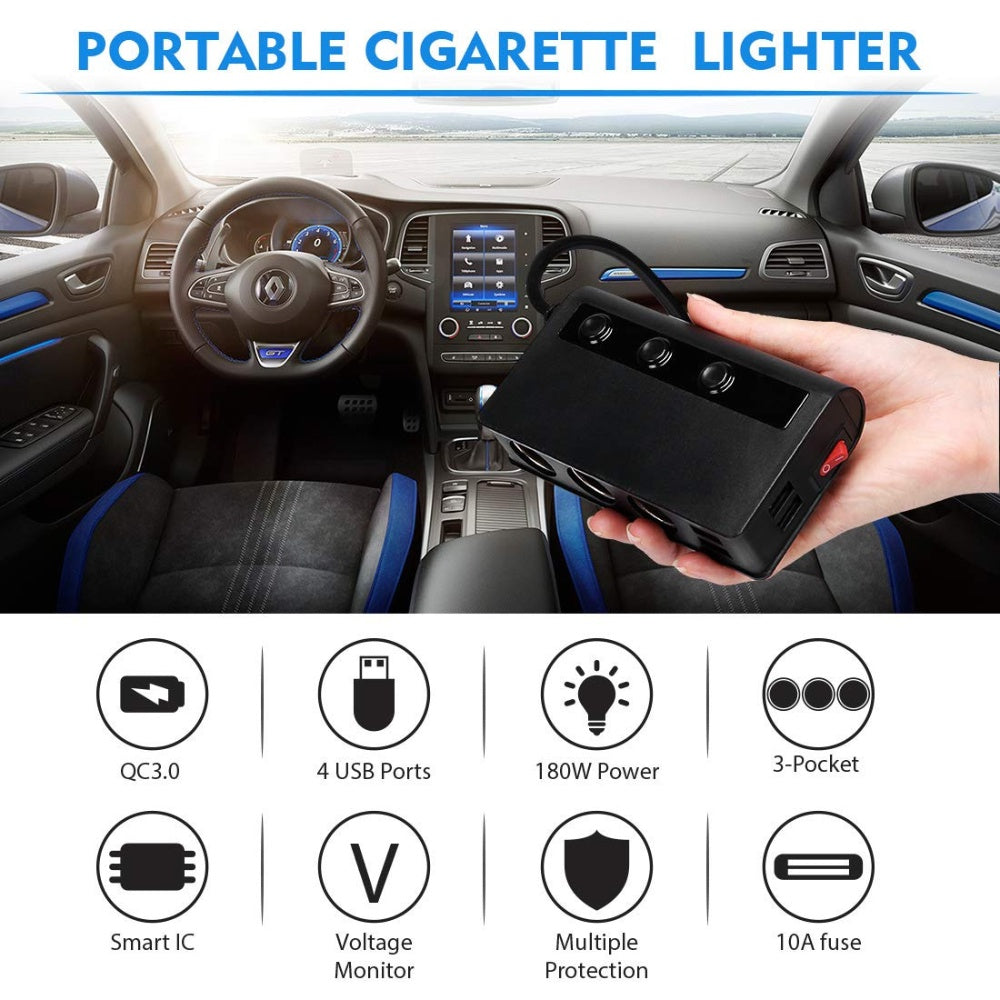 12V 180W Multi-function Car Charger Car Cigarette Lighter Socket Dual USB Port Auto-Voltage Detect 3.0 Fast Charging