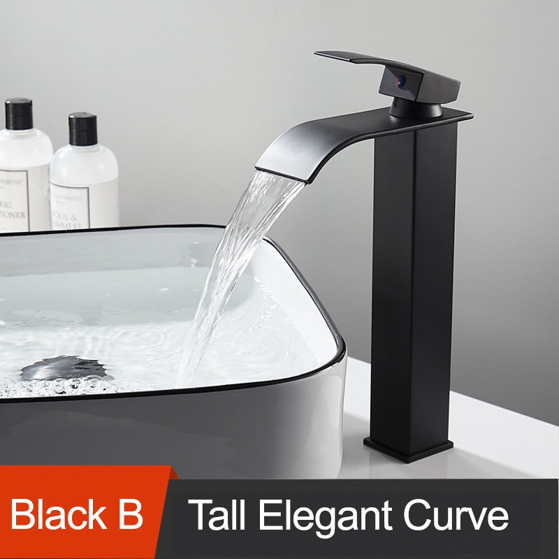 Waterfall Faucet Copper Hot And Cold Black Household Bathroom Basin Water Tap