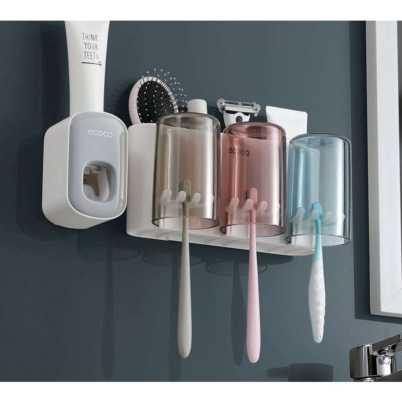 ECOCO Wall Mount Household Automatic Toothpaste Dispenser Toothbrush Holder Wall Mount Bathroom Accessories Set Rack