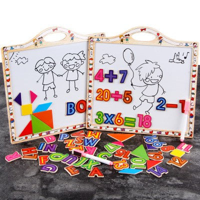 Children's Creative Wooden Drawing Board with Magnetic Blocks Numbers Letters for Toddlers Education Learning Doodle Toy