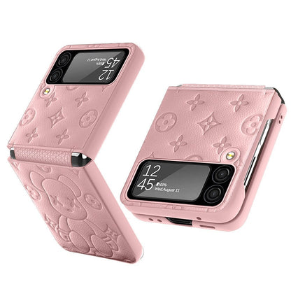 Pink Violent Bear Phone Case For Samsung Galaxy Z Flip 3 Leather Case Camera Screen And TPU Hinge Shockproof Protection