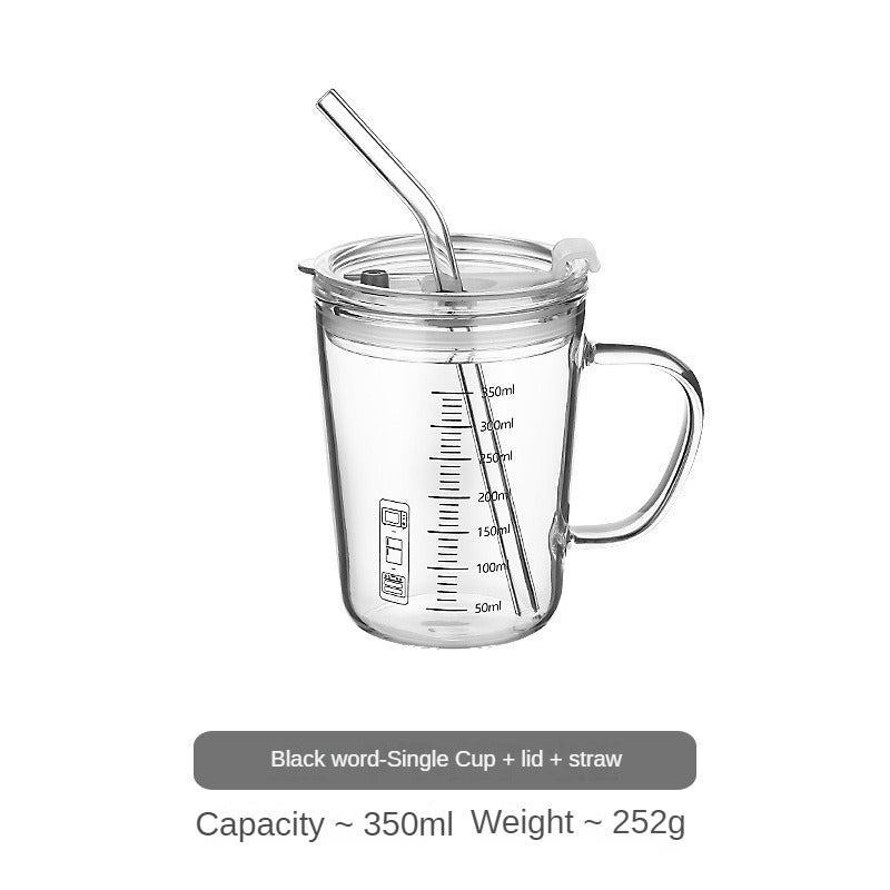 Graduated Glass Cup Coffee Mug With Straw Cover And Handle Tea Cup For Home Office Travel High Borosilicate Glass 350ml