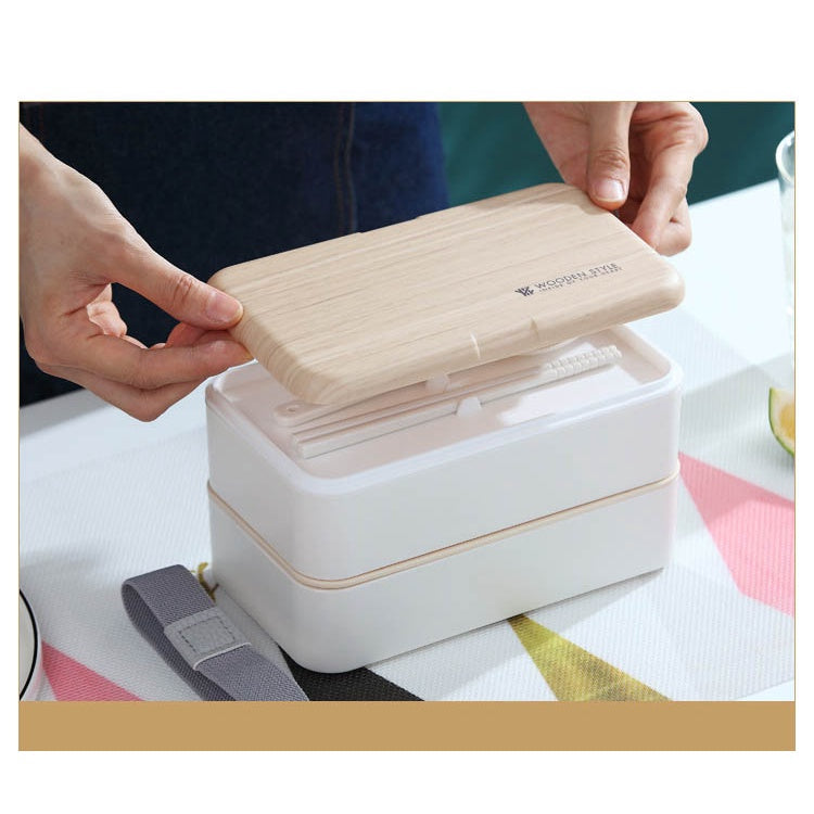 Copy of 1200ml White Rectangular Microwave Safe Double Layer Lunch Box Simple Nordic Wooden Seal Leak-proof Japanese Bento Style