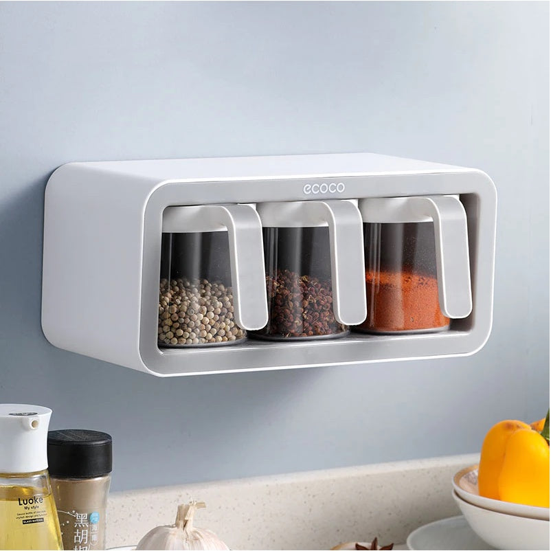 Wall Mount Spice Rack Organizer Sugar Bowl Salt Shaker Seasoning Container Spice Boxes With Spoons Kitchen 3 Cups